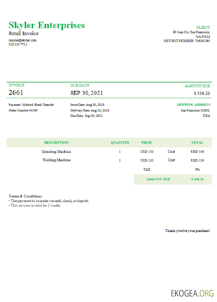 Facture Skyler Enterprises aux États , Unis